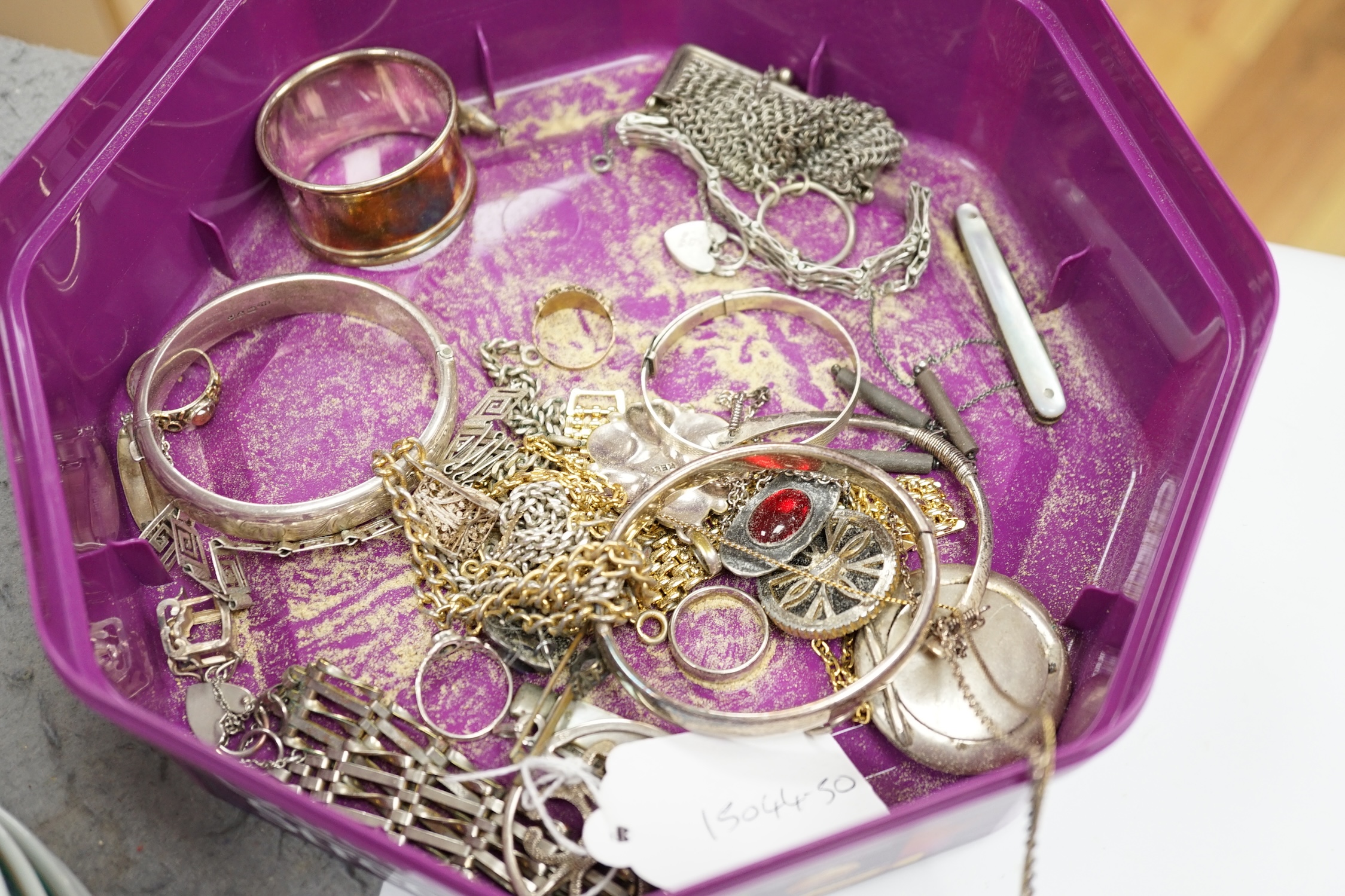 A quantity of assorted silver, white metal and costume jewellery, including bangles, fruit knife, etc. Condition - poor to fair